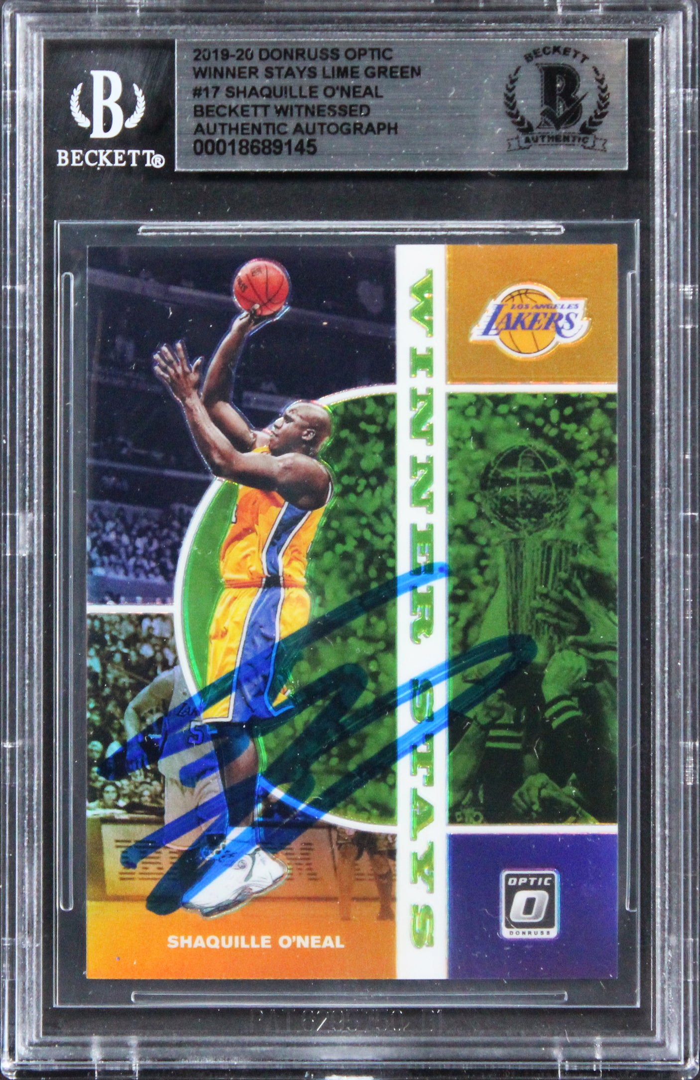 Shaq O'Neal Signed 2018 Donruss Optic Winner Stays Lime Green #17 Card BAS Slab
