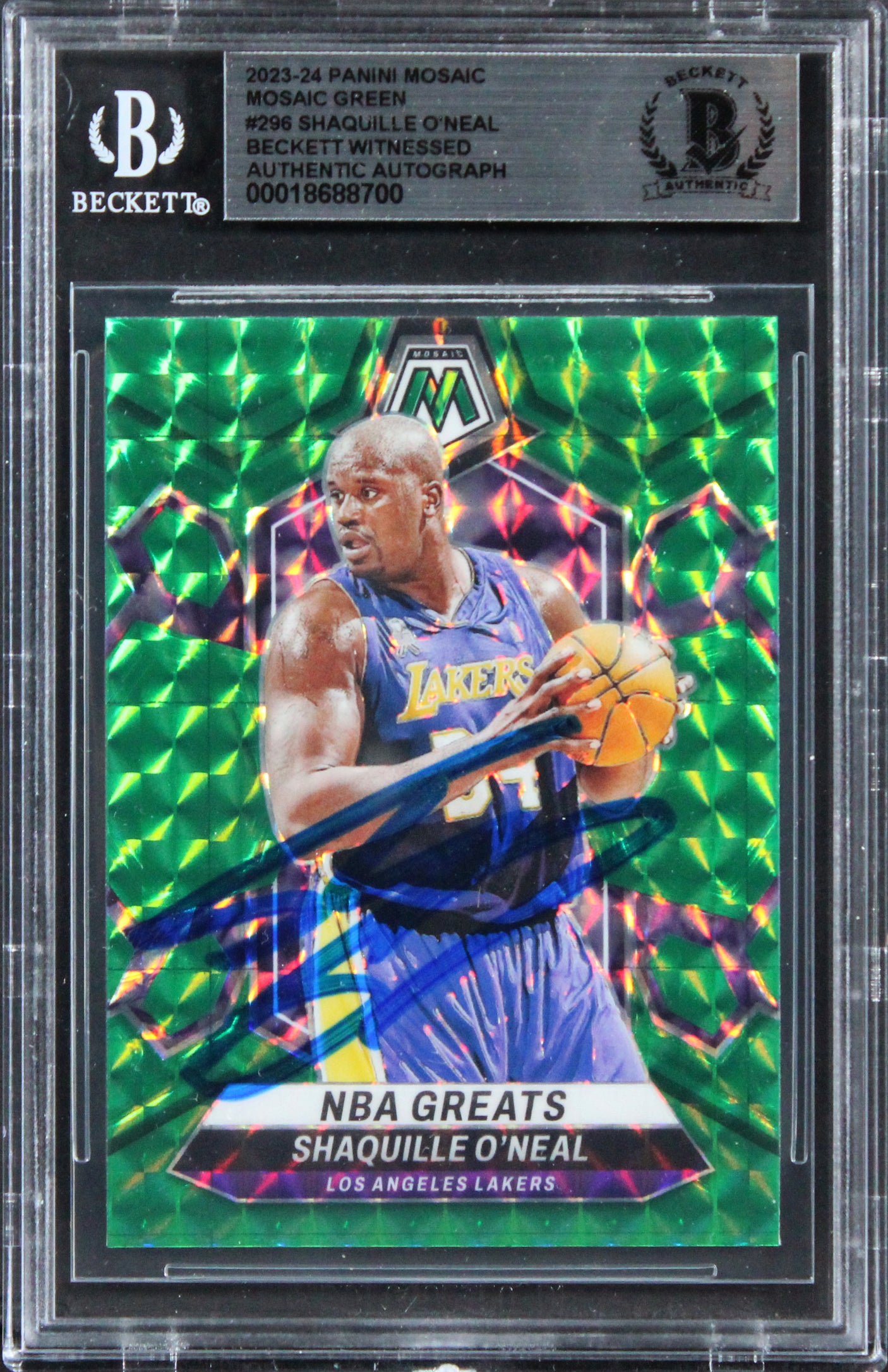 Lakers Shaquille O'Neal Signed 2023 Panini Mosaic Green #296 Card BAS Slabbed