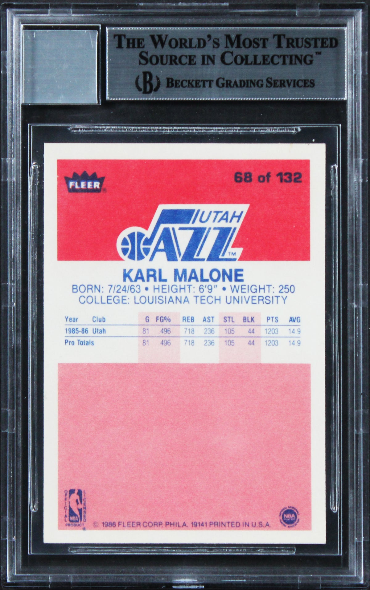 Jazz Karl Malone Signed 1986 Fleer #68 Auto Card Auto Graded 10! BAS Slabbed 1