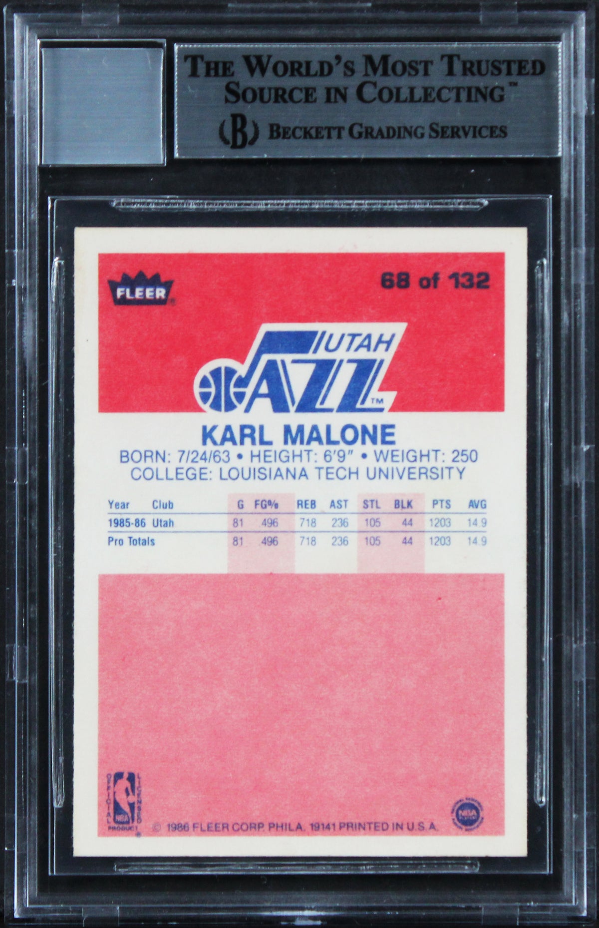 Jazz Karl Malone Signed 1986 Fleer #68 Auto Card Auto Graded 10! BAS Slabbed 2