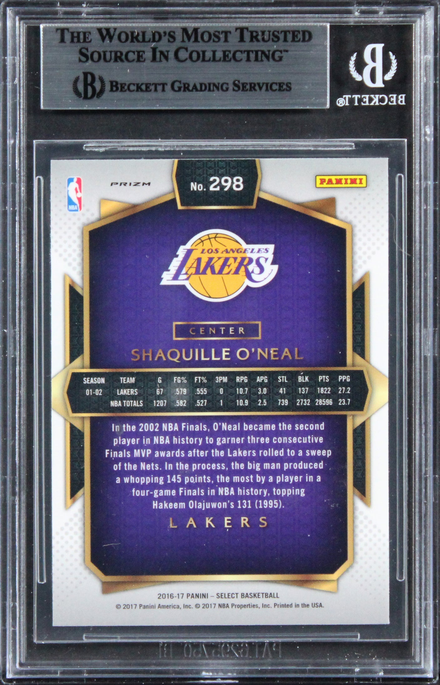Lakers Shaquille O'Neal Signed 2016 Select Prizms Silver #298 Card BAS Slabbed