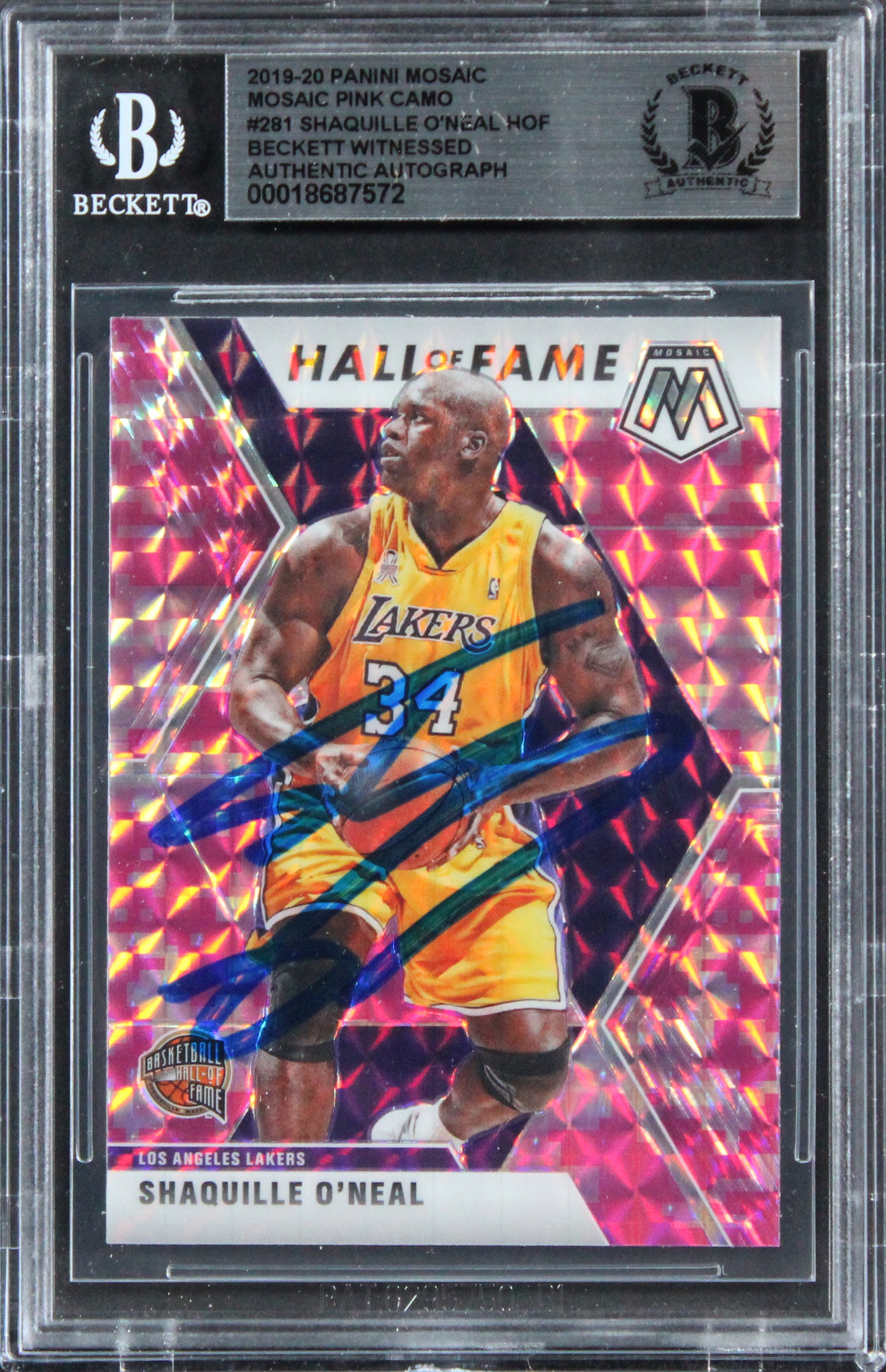 Lakers Shaquille O'Neal Signed 2019 Panini Mosaic Pink Camo #281 Card BAS Slab