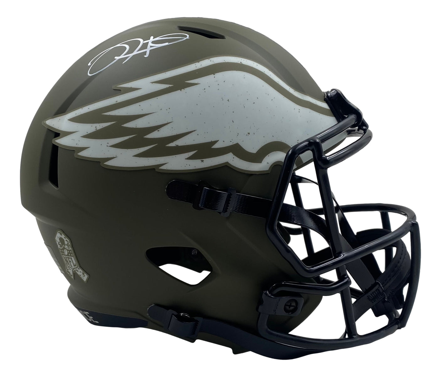 Jalen Hurts Signed Eagles FS Salute To Service Speed Replica Helmet by Sports Integrity features a matte olive green finish, large white wing decal, black facemask, white autograph on top, and small emblem on the lower back.
