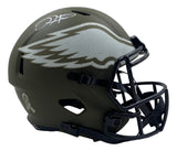Jalen Hurts Signed Eagles FS Salute To Service Speed Replica Helmet by Sports Integrity features a matte olive green finish, large white wing decal, black facemask, white autograph on top, and small emblem on the lower back.