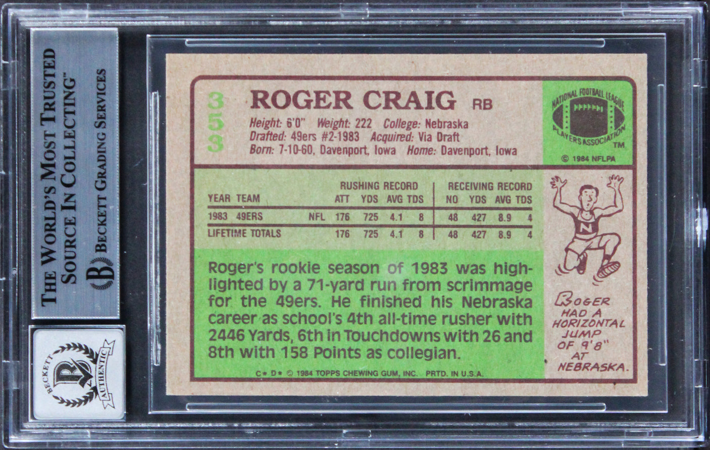 49ers Roger Craig "1000/1000 85" Signed 1984 Topps #353 RC Card Auto 10 BAS Slab
