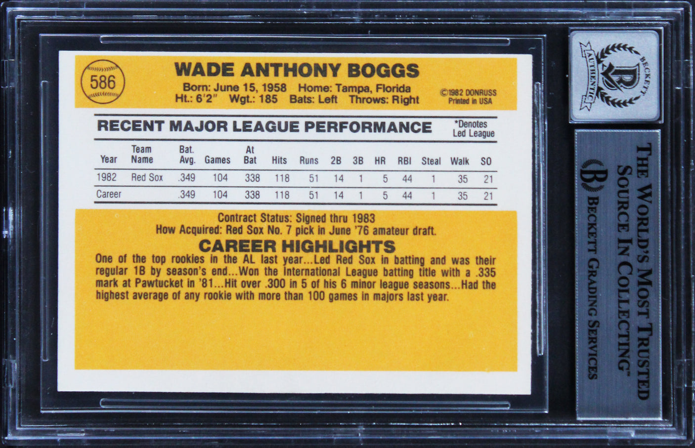 Red Sox Wade Boggs Signed 1983 Donruss #586 Rookie Card Auto 10! BAS Slabbed