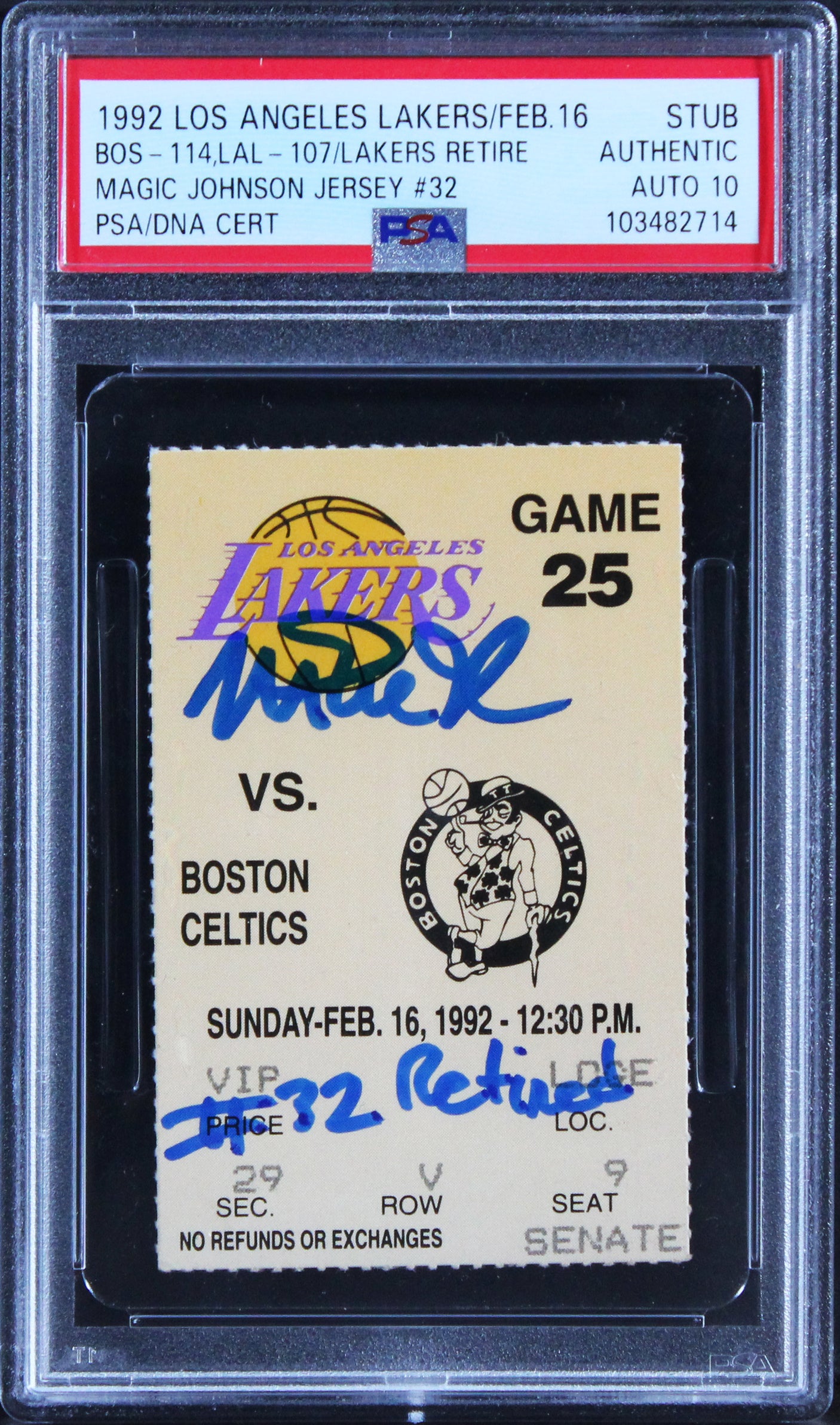 Lakers Magic Johnson "#32 Retired" Signed 2/16/1992 Ticket Stub Auto 10 PSA Slab