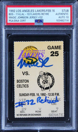 Lakers Magic Johnson "#32 Retired" Signed 2/16/1992 Ticket Stub Auto 10 PSA Slab