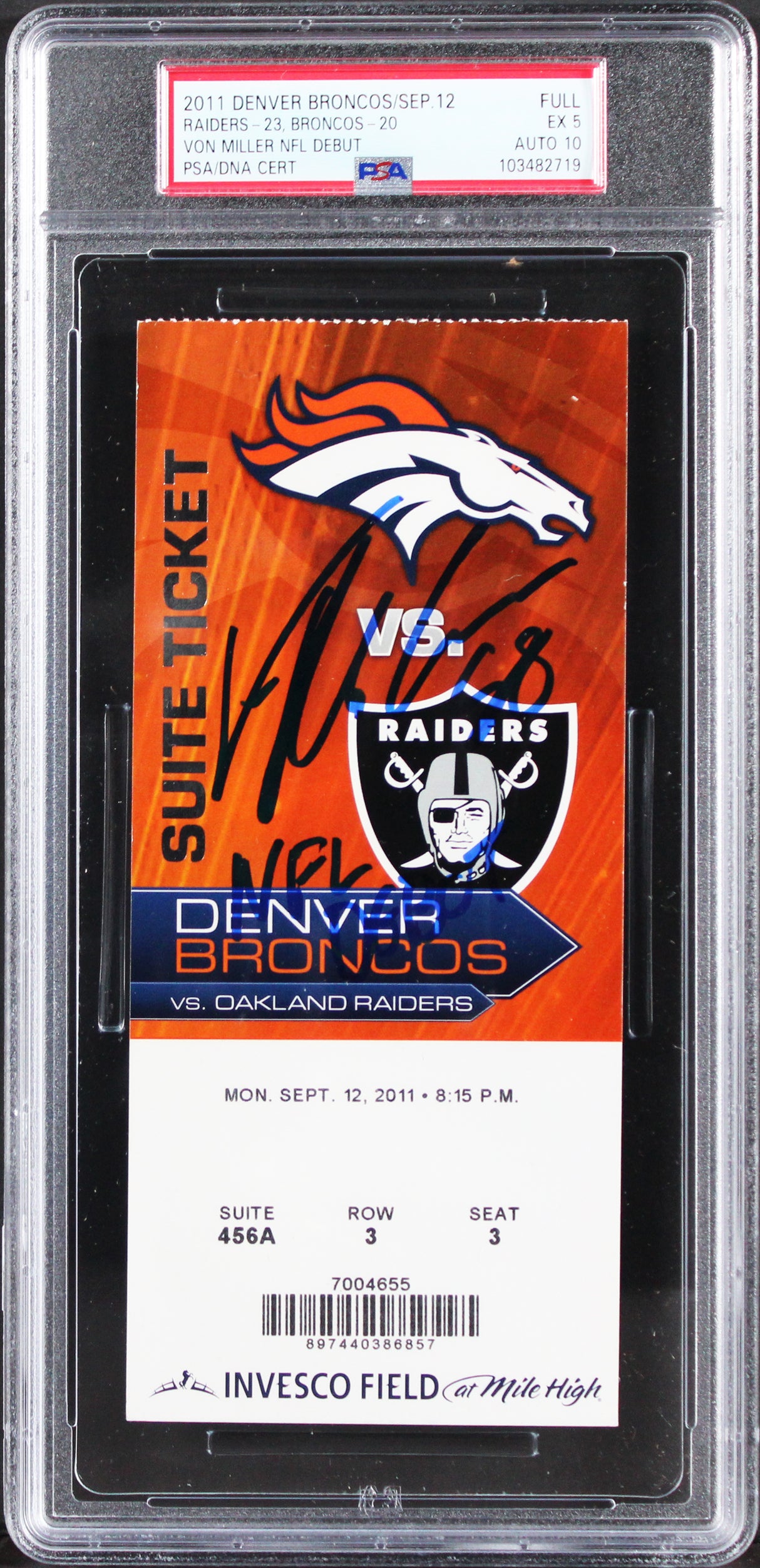 Broncos Von Miller Signed 2011 Full Ticket Stub Graded EX 5 Auto 10 PSA/DNA Slab