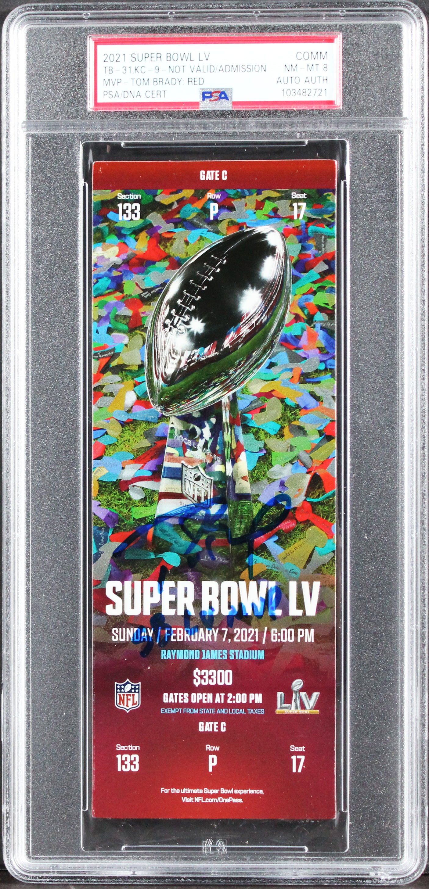Tom Brady Signed 2021 Super Bowl LV Comm Ticket Stub Graded NM-MT 8 PSA/DNA Slab