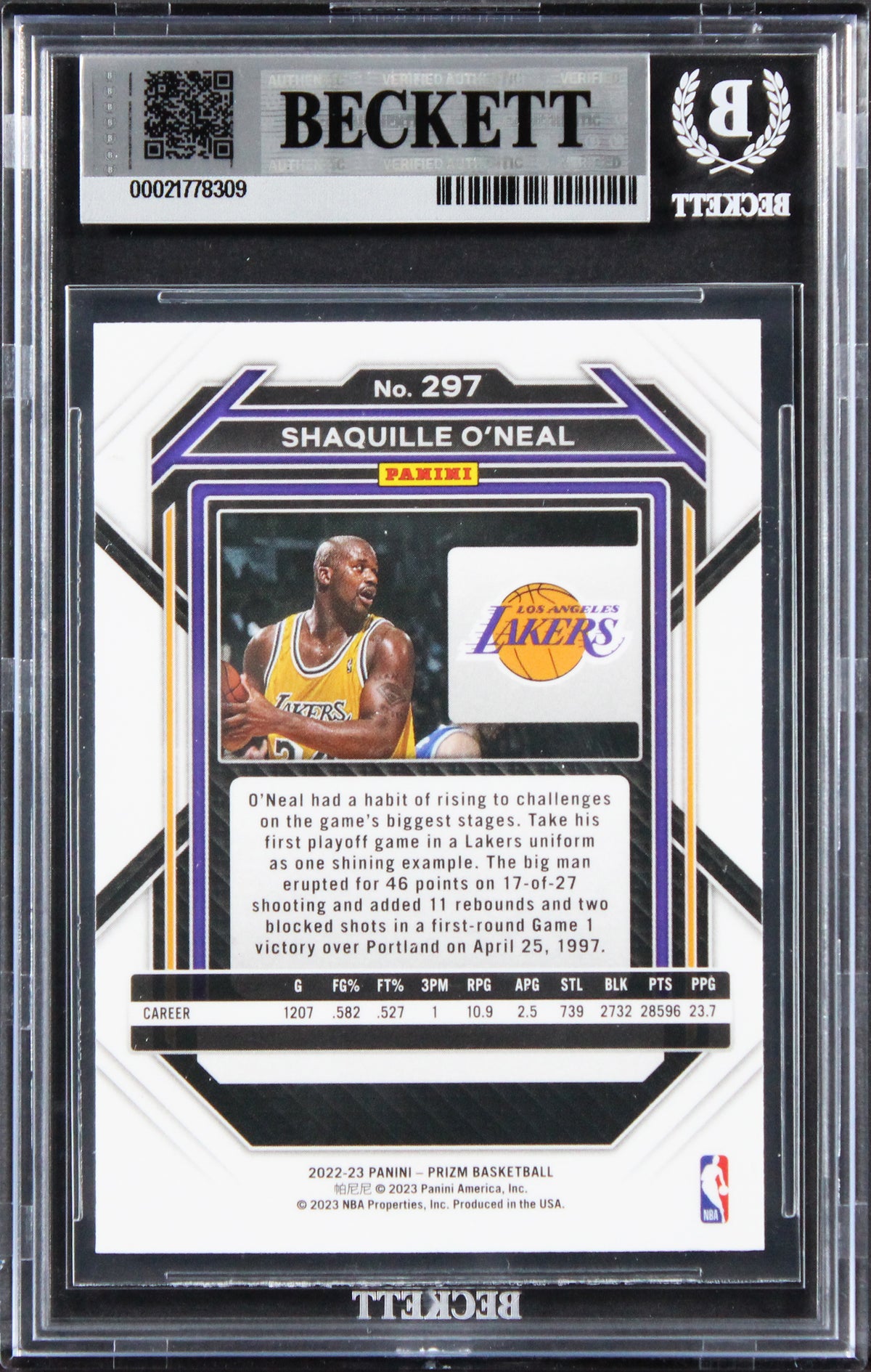 Lakers Shaquille O'Neal Authentic Signed 2022 Panini Prizm #297 Card BAS Slabbed