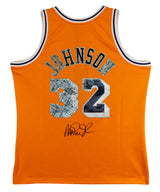 Lakers Magic Johnson Signed Yellow Diamond M&N 84-85 HWC Swingman Jersey BAS Wit