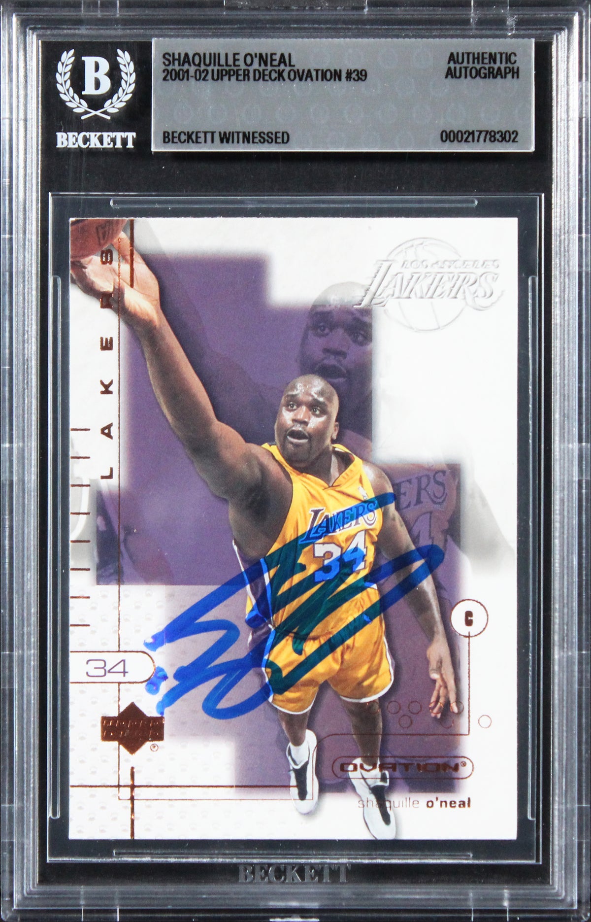 Lakers Shaquille O'Neal Signed 2001 Upper Deck Ovation #39 Card BAS Slabbed
