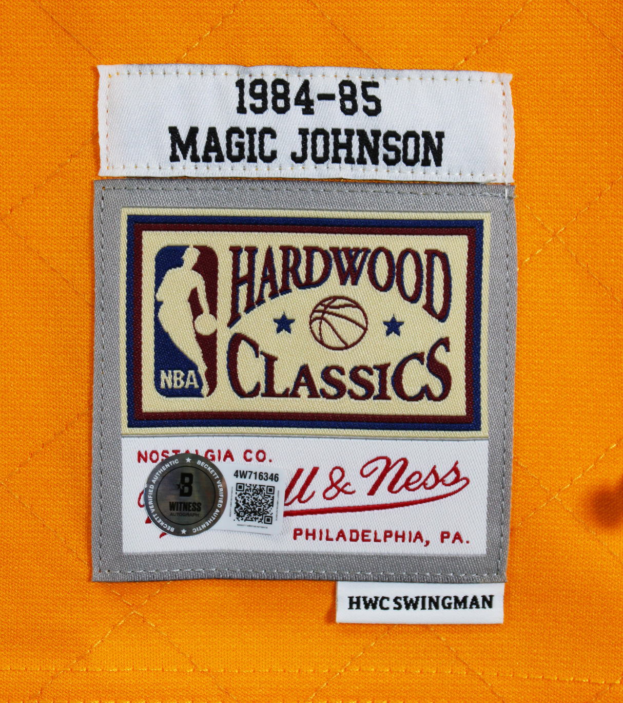 Lakers Magic Johnson Signed Yellow Diamond M&N 84-85 HWC Swingman Jersey BAS Wit