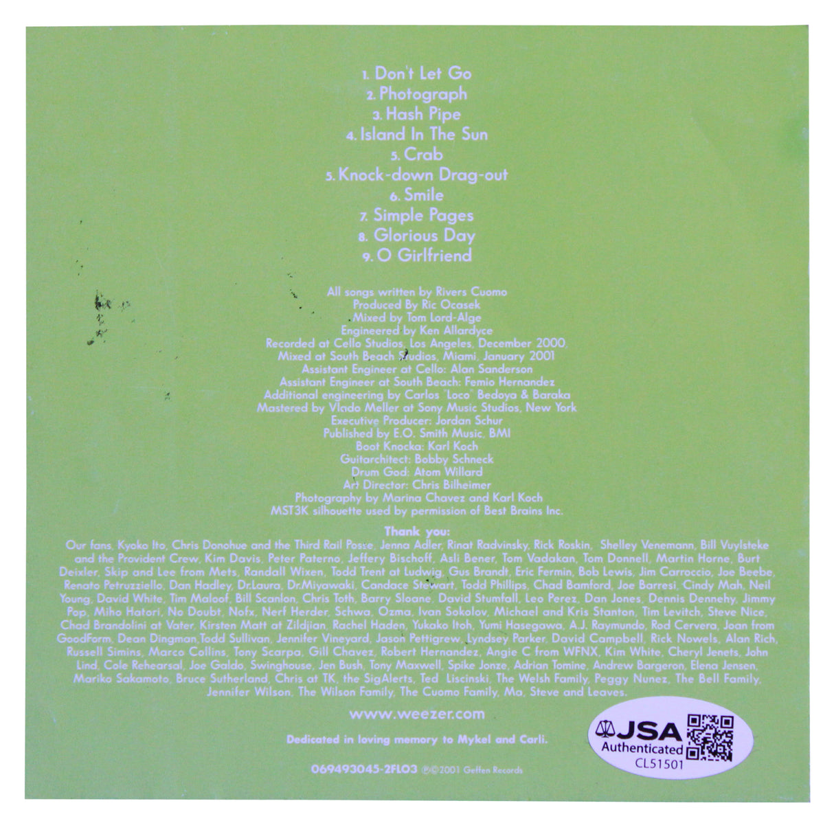 Weezer (4) Cuomo, Shriner, Bell & Wilson Signed Green Album Cd Insert JSA