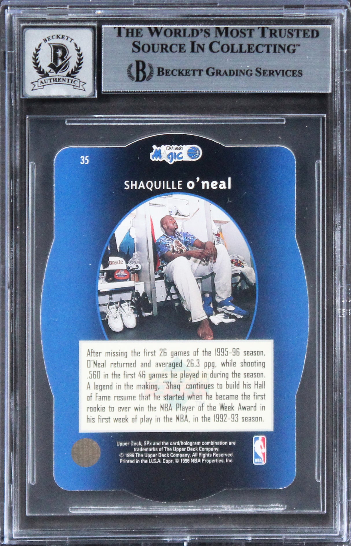 Lakers Shaquille O'Neal Authentic Signed 1996 SPX #35 Card Auto 10! BAS Slabbed