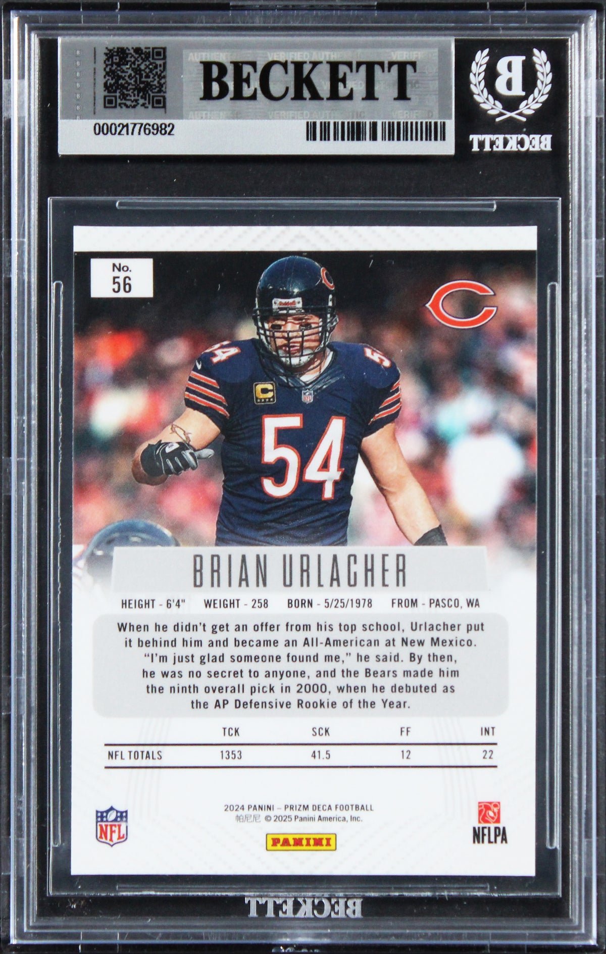 Bears Brian Urlacher Authentic Signed 2024 Panini Prizm Deca #56 Card BAS Slab