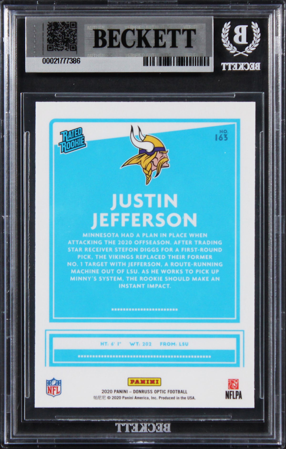 Vikings Justin Jefferson Signed 2020 Donruss Optic #163 Rookie Card BAS Slabbed