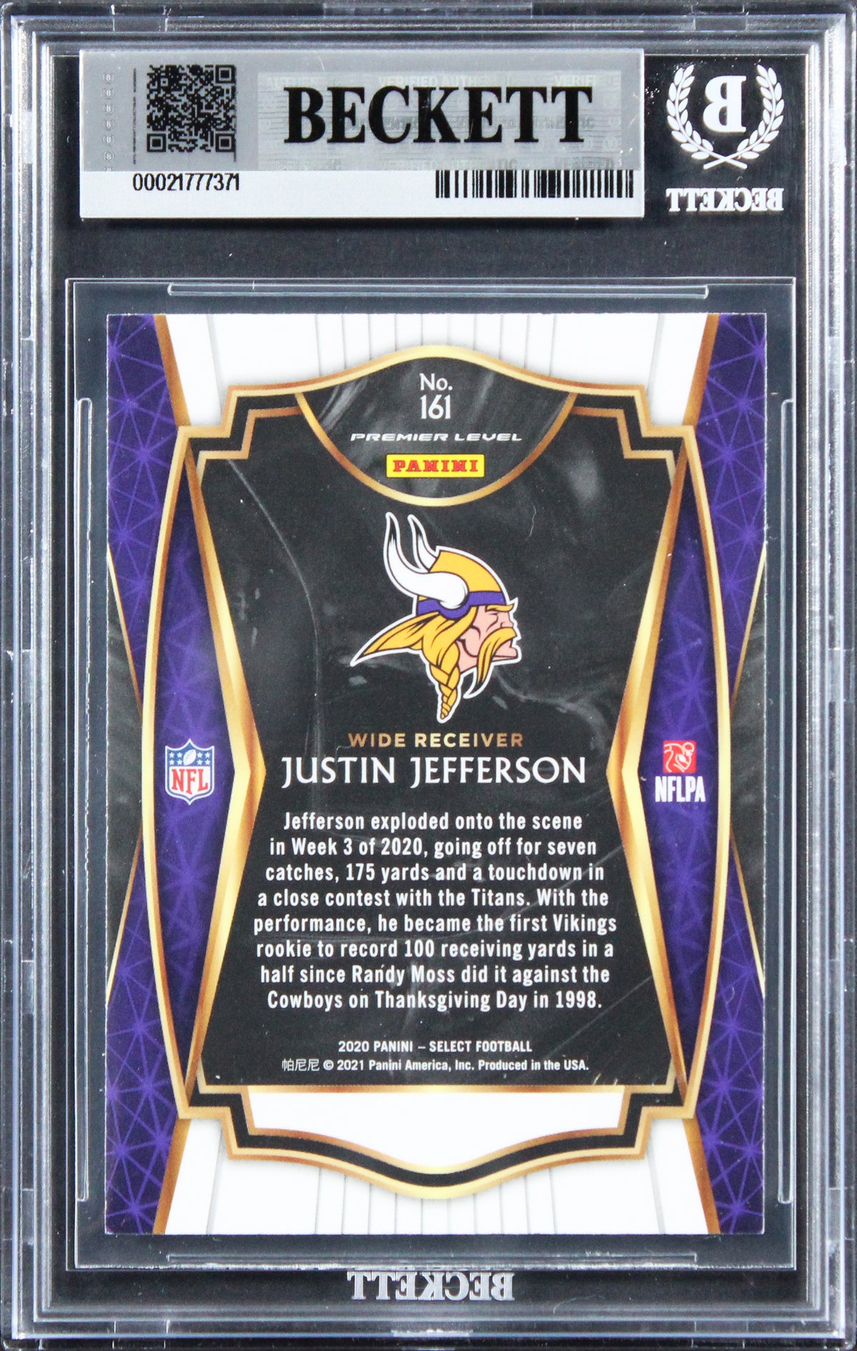 Vikings Justin Jefferson Signed 2020 Select #161 Rookie Card BAS Slabbed