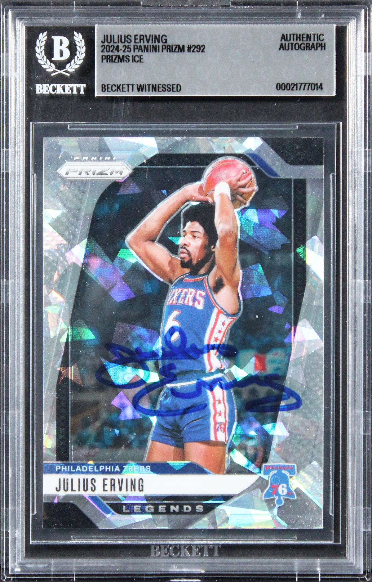 76ers Julius Erving Signed 2024 Panini Prizm Prizms Ice #292 Card BAS Slabbed