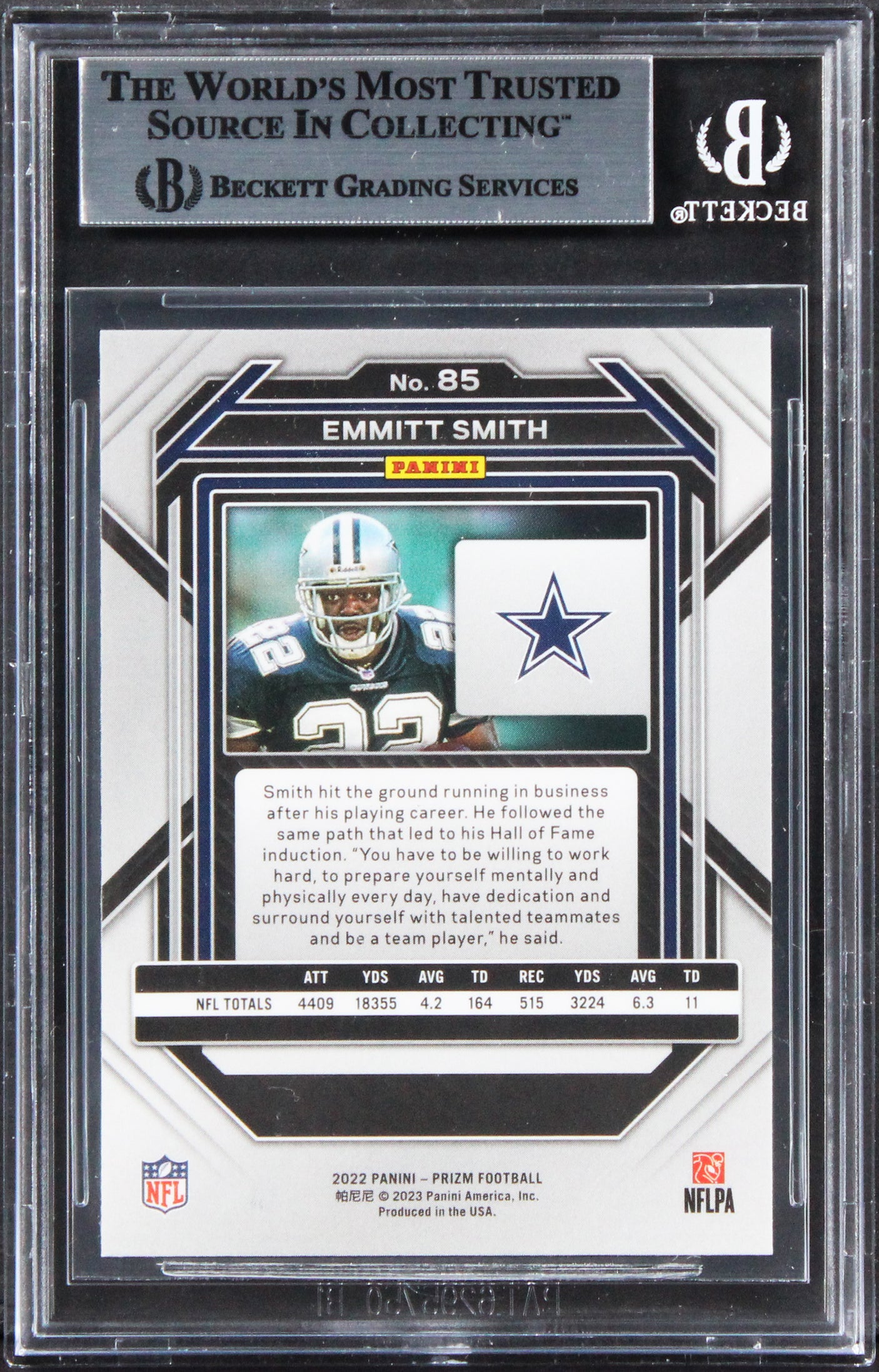 Cowboys Emmitt Smith Authentic Signed 2022 Panini Prizm #85 Card BAS Slabbed