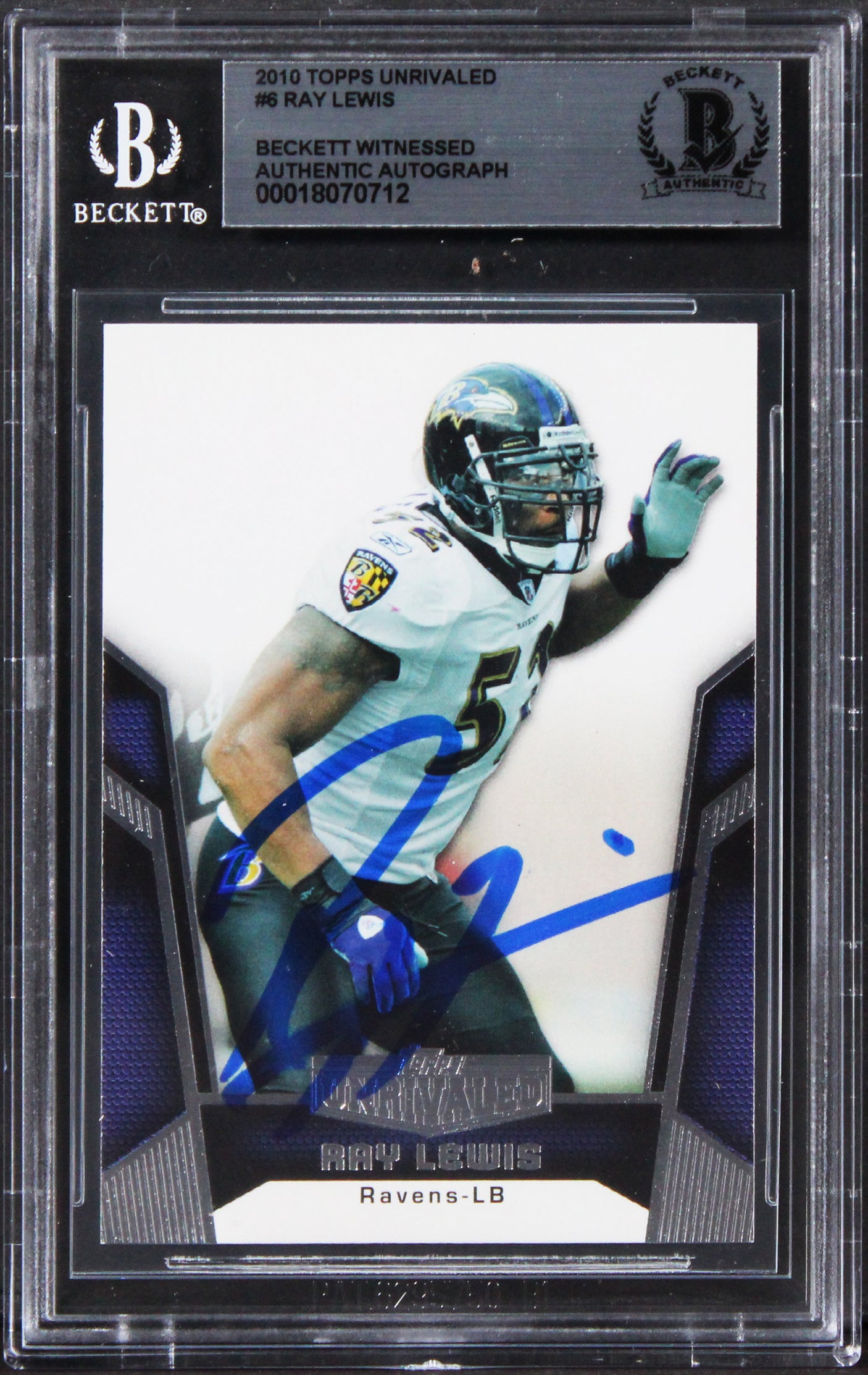 Ravens Ray Lewis Authentic Signed 2010 Topps Unrivaled #6 Card BAS Slabbed