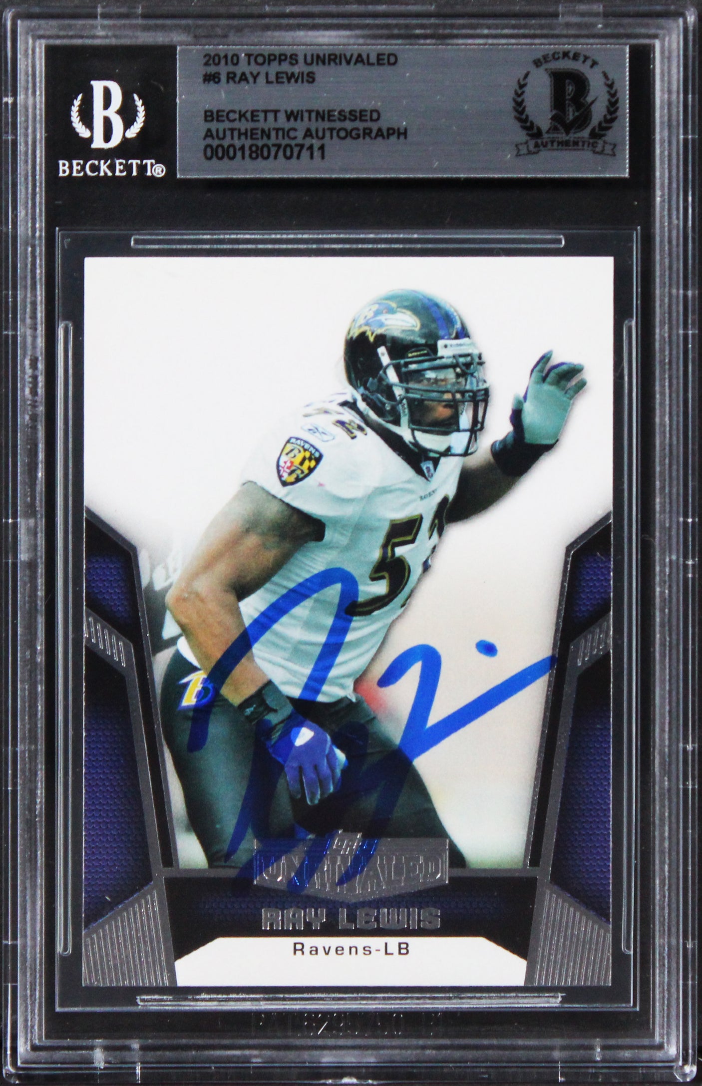 Ravens Ray Lewis Authentic Signed 2010 Topps Unrivaled #6 Card BAS Slabbed 2