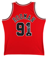 Bulls Dennis Rodman Signed Red Mitchell & Ness HWC Swingman Jersey JSA Witnessed