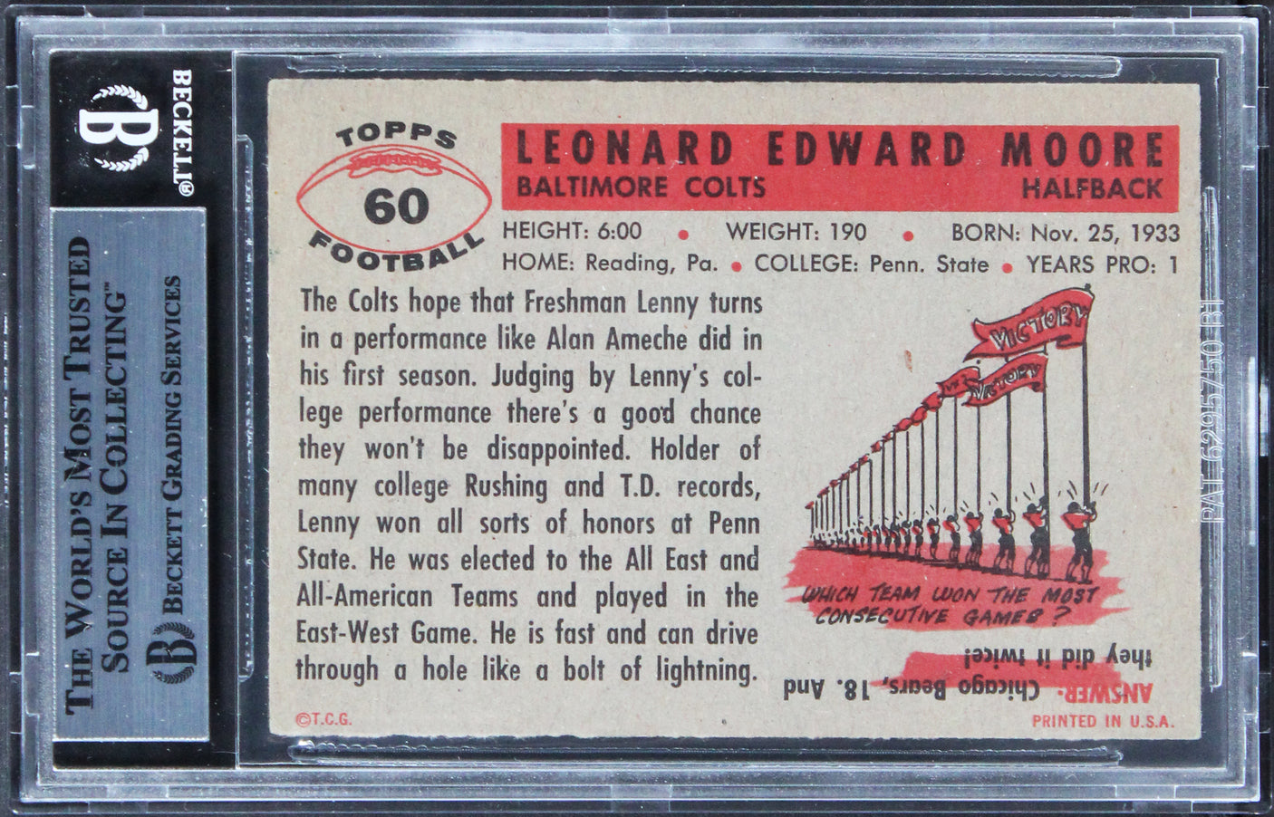 Colts Lenny Moore "HOF 75" Authentic Signed 1956 Topps #60 Card BAS Slabbed