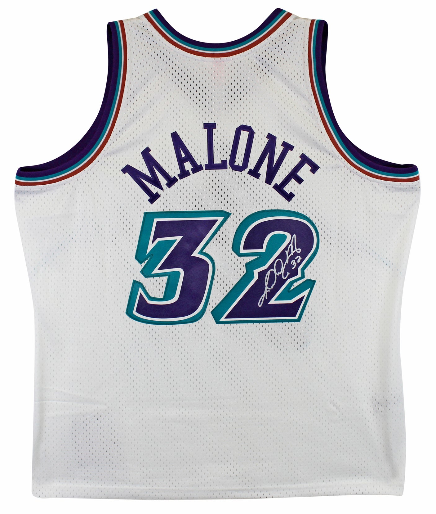 Jazz Karl Malone Signed 1996-97 White Mitchell & Ness Swingman Jersey BAS Wit