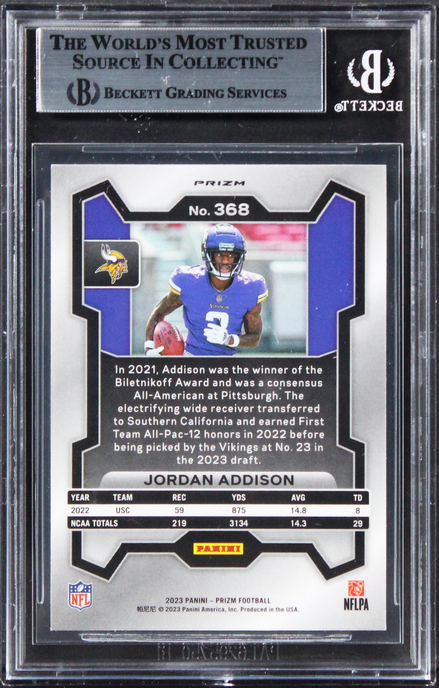 Vikings Jordan Addison Signed 2023 Panini Prizm Silver #368 Card BAS Slabbed