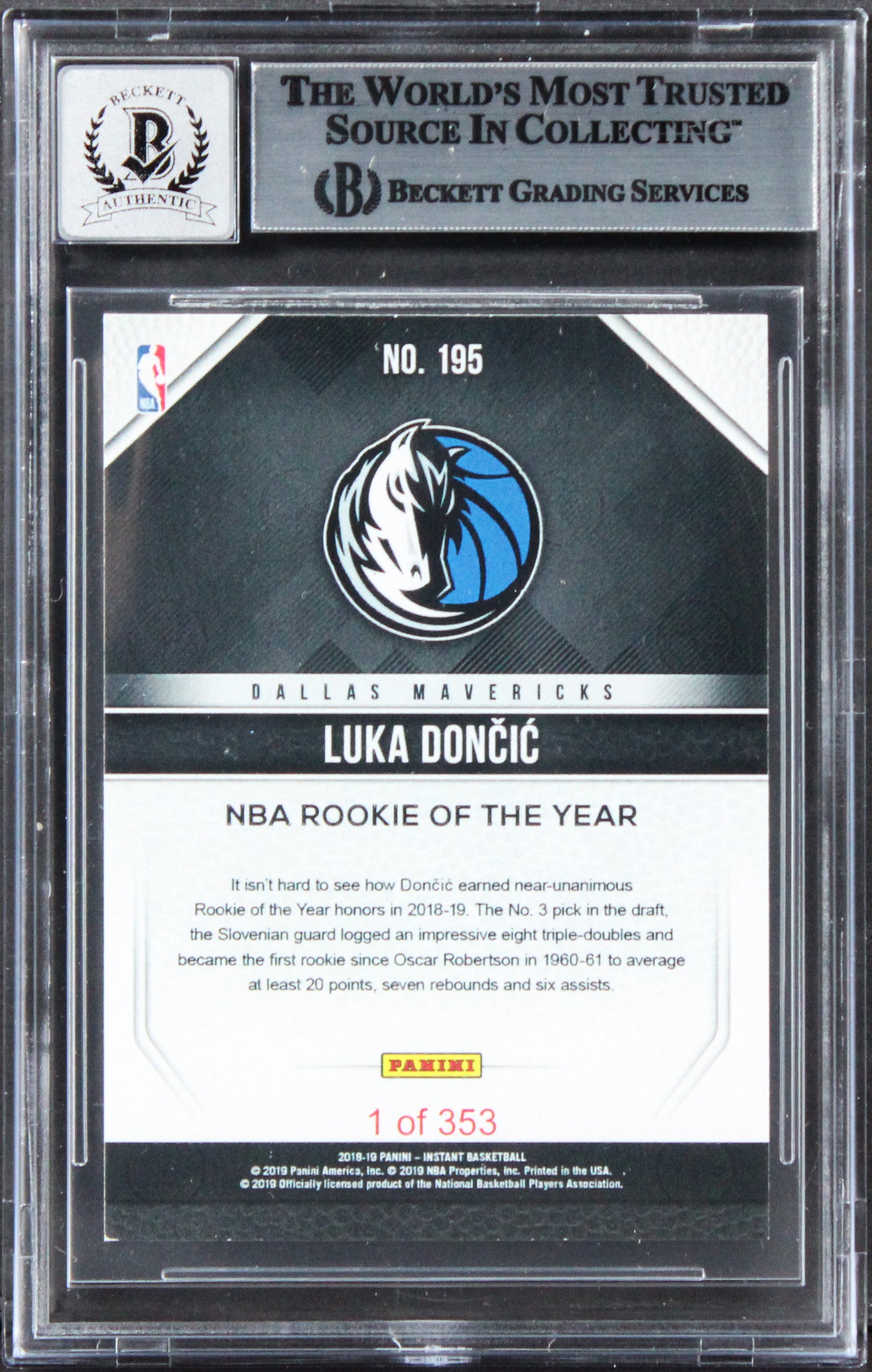 Mavericks Luka Doncic Signed 2018 Panini Instant #195 RC Auto 10! BAS Slabbed
