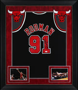 Bulls Dennis Rodman Signed Black M&N HWC Swingman Framed Jersey w/ Black Sig JSA