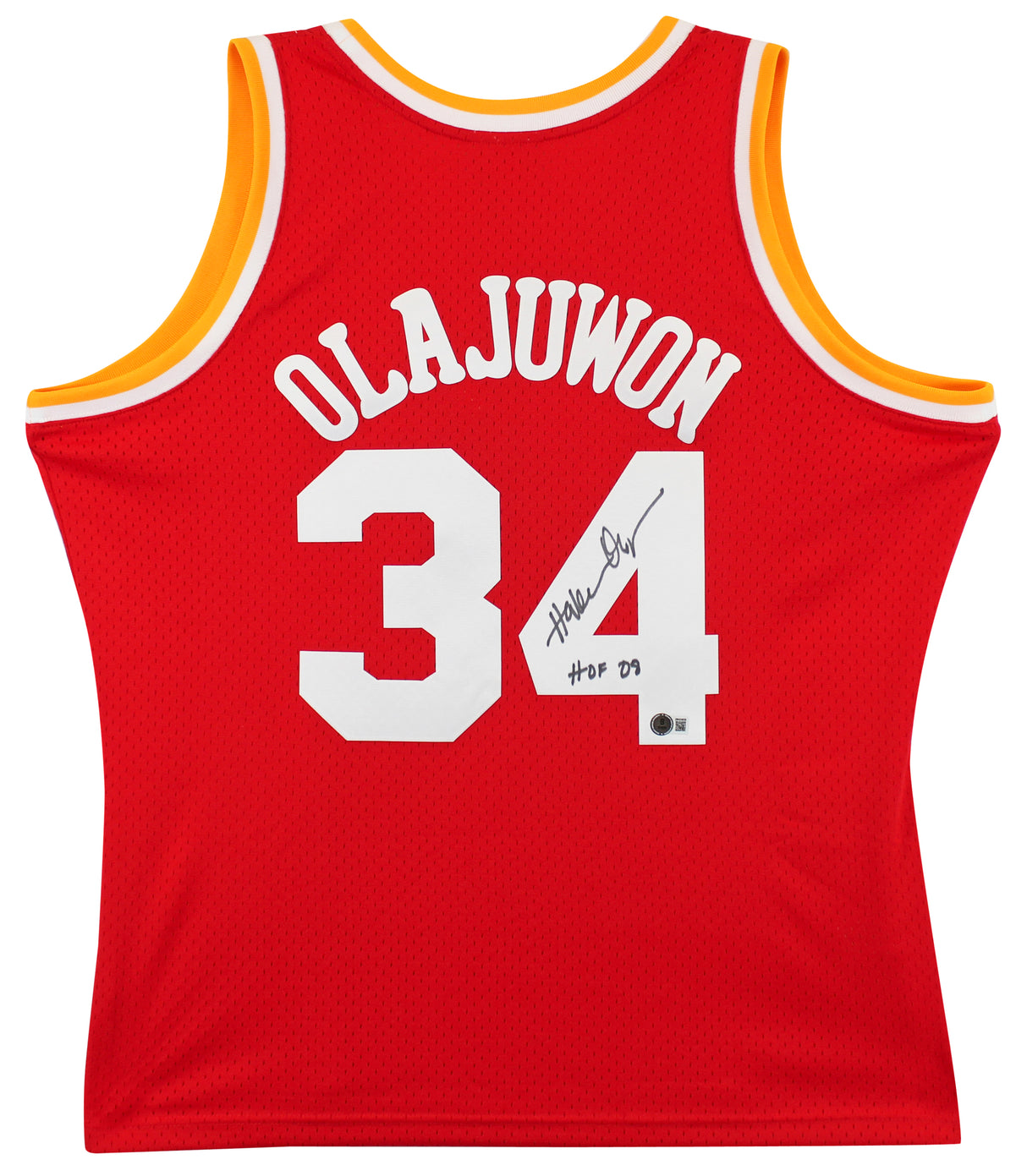 Rockets Hakeem Olajuwon "HOF 08" Signed 1993-94 Red M&N Swingman Jersey BAS Wit