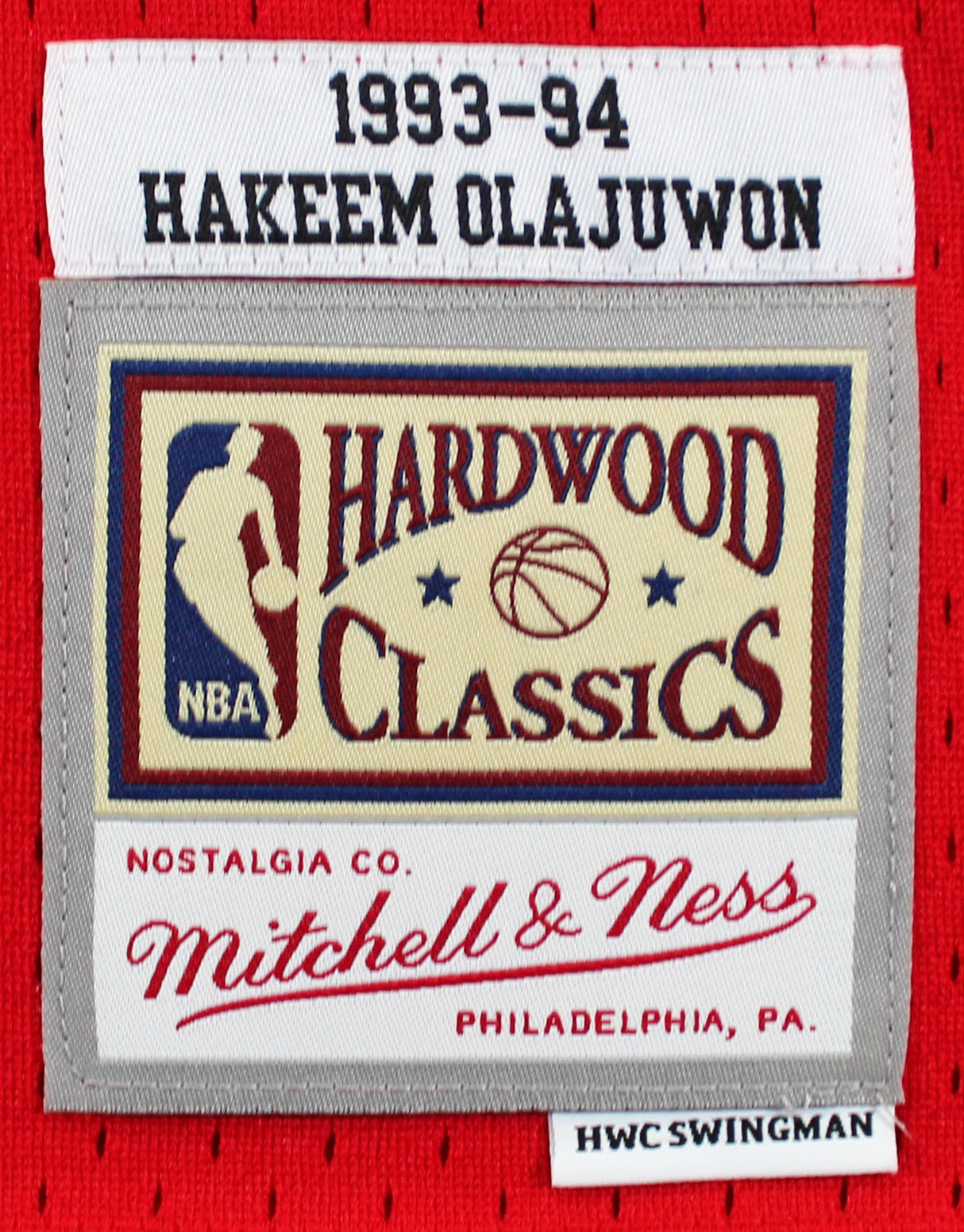 Rockets Hakeem Olajuwon "HOF 08" Signed 1993-94 Red M&N Swingman Jersey BAS Wit