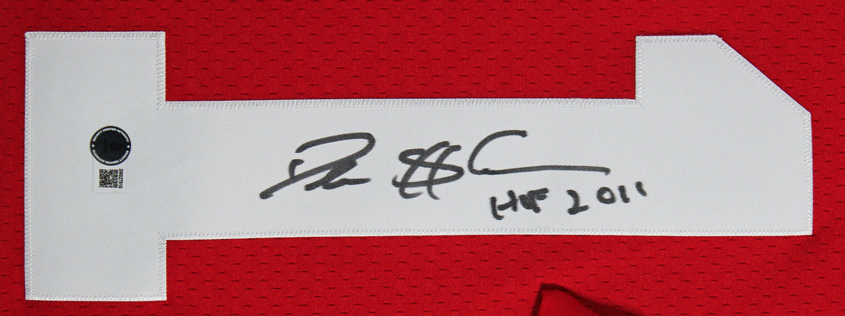 49ers Deion Sanders "HOF 2011" Authentic Signed Red M&N TB Framed Jersey BAS Wit