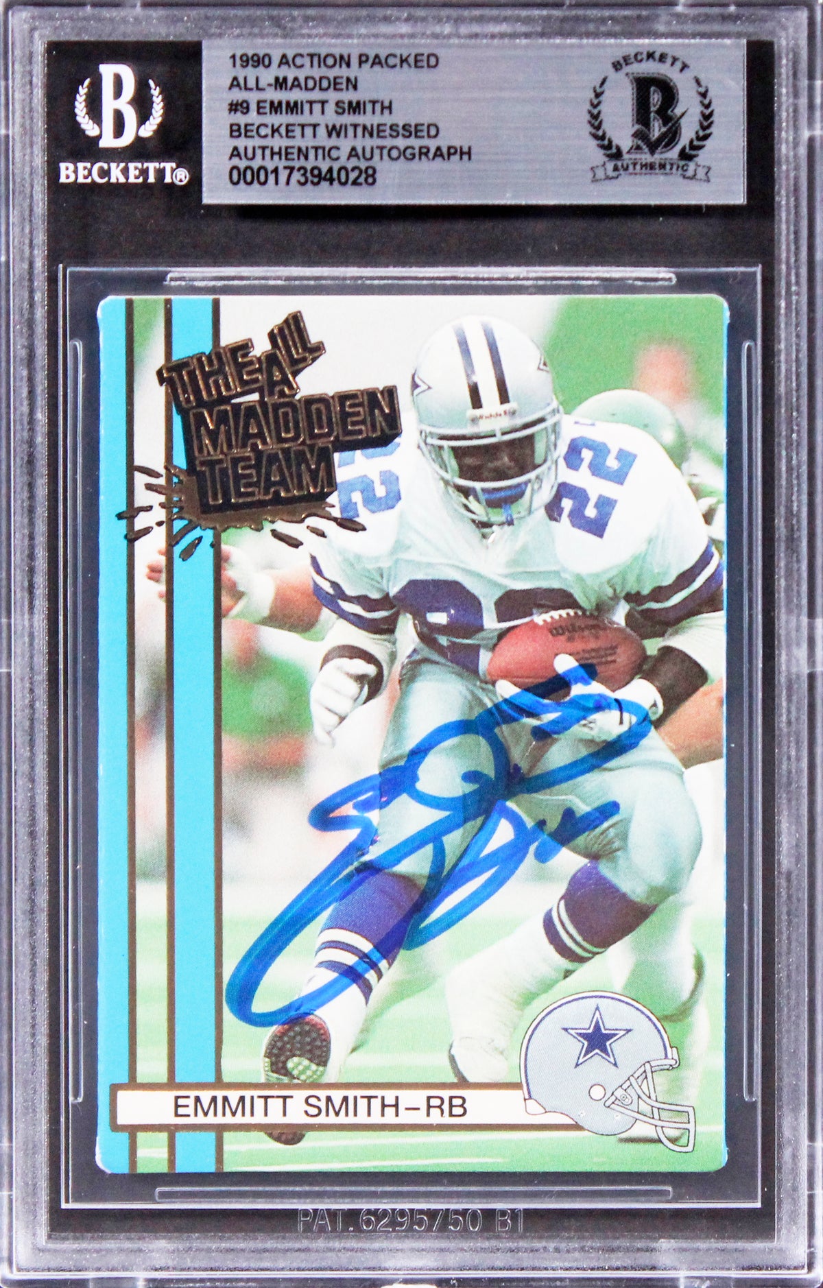 Cowboys Emmitt Smith Signed 1990 Action Packed All-Madden #9 Card BAS Slabbed
