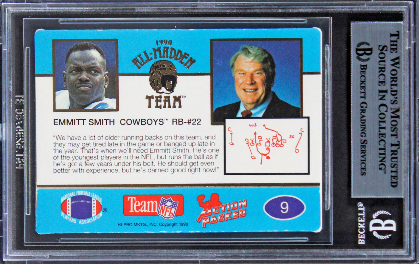 Cowboys Emmitt Smith Signed 1990 Action Packed All-Madden #9 Card BAS Slabbed