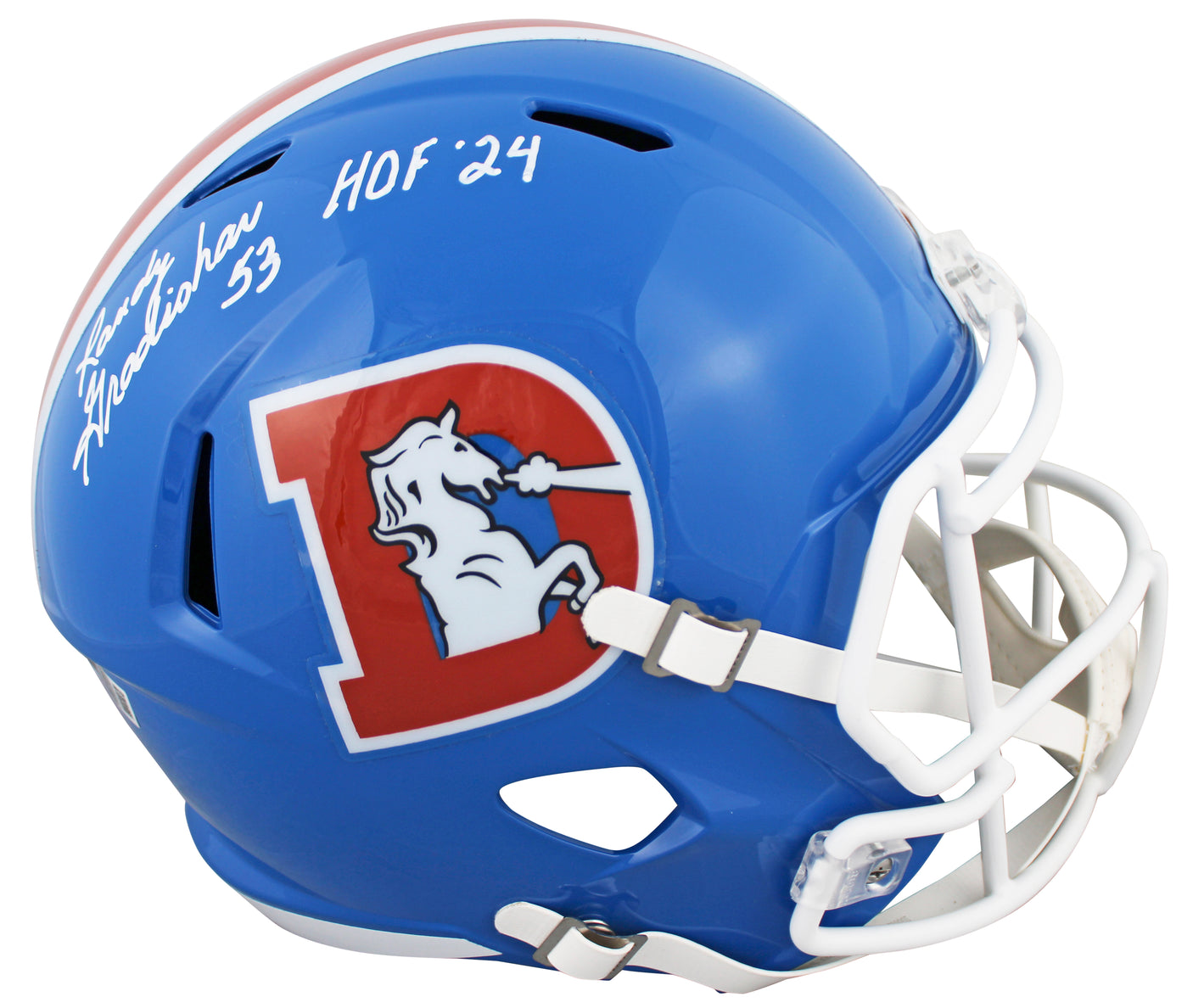 Broncos Randy Gradishar "HOF" Signed 1975-96 TB F/S Speed Rep Helmet W/ Case BAS