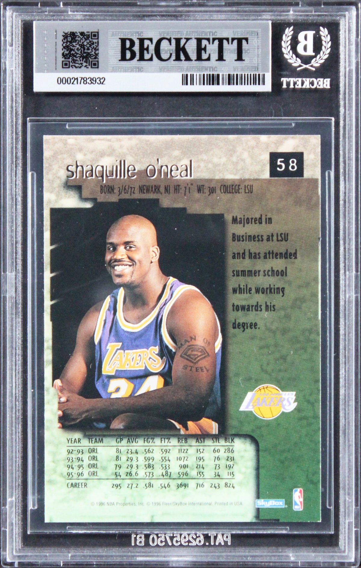 Lakers Shaquille O'Neal Signed 1996 Skybox Premium #58 Card Auto 10! BAS Slabbed