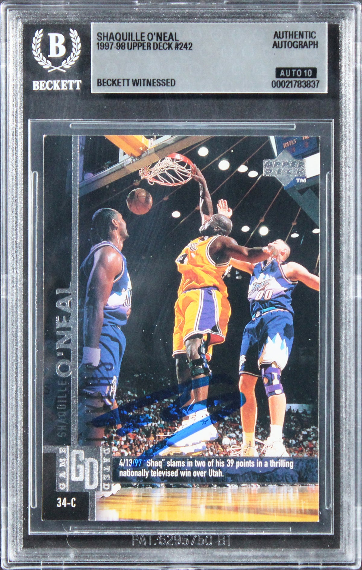 Lakers Shaquille O'Neal Signed 1997 Upper Deck #242 Card Auto 10! BAS Slabbed