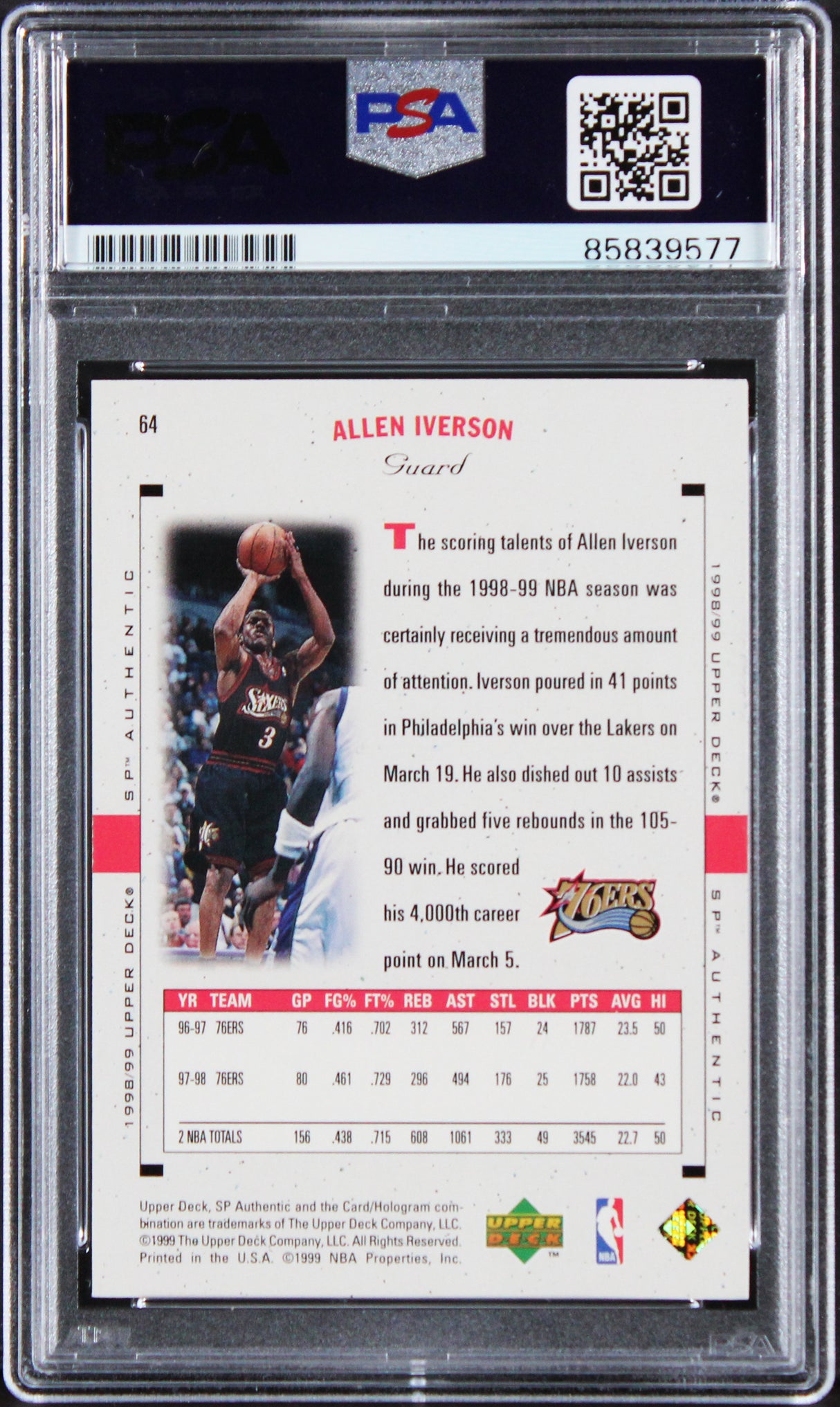 76ers Allen Iverson 1998 SP Authentic #64 Card Autographed PSA/DNA Slabbed