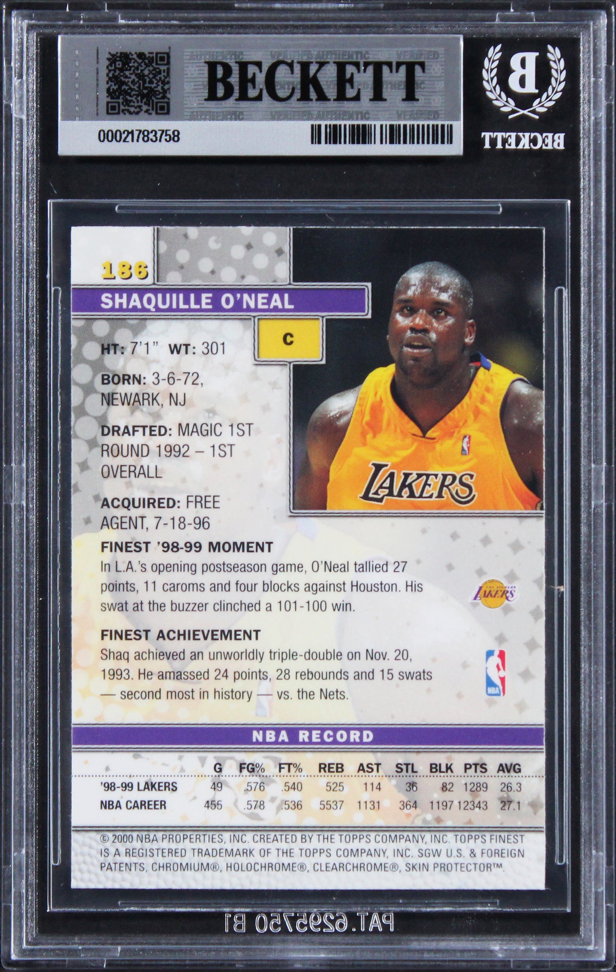 Lakers Shaquille O'Neal Signed 1999 Finest #186 Card Auto Grade 10! BAS Slabbed