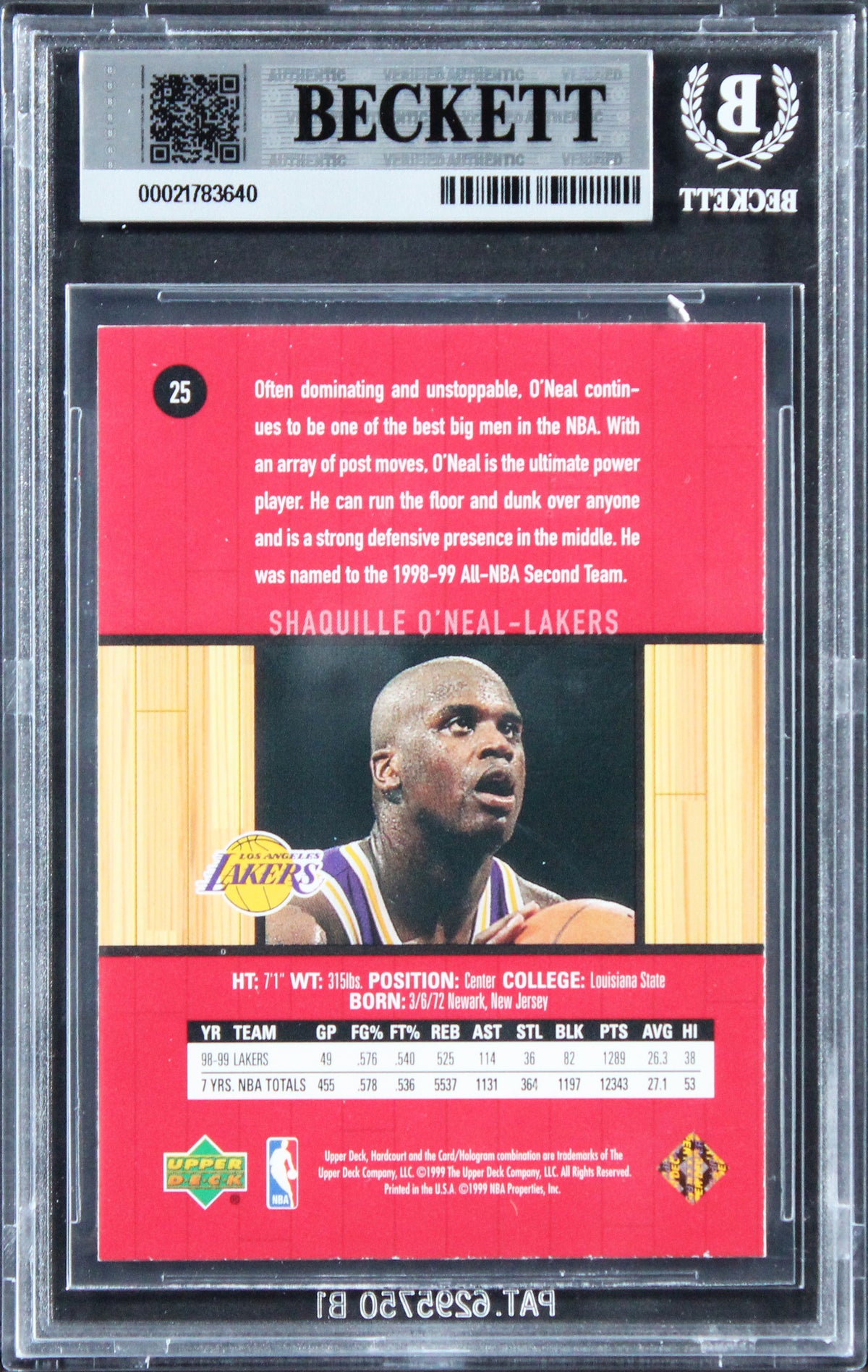 Shaquille O'Neal Signed 1999 Upper Deck Hardcourt #25 Card Auto 10! BAS Slabbed