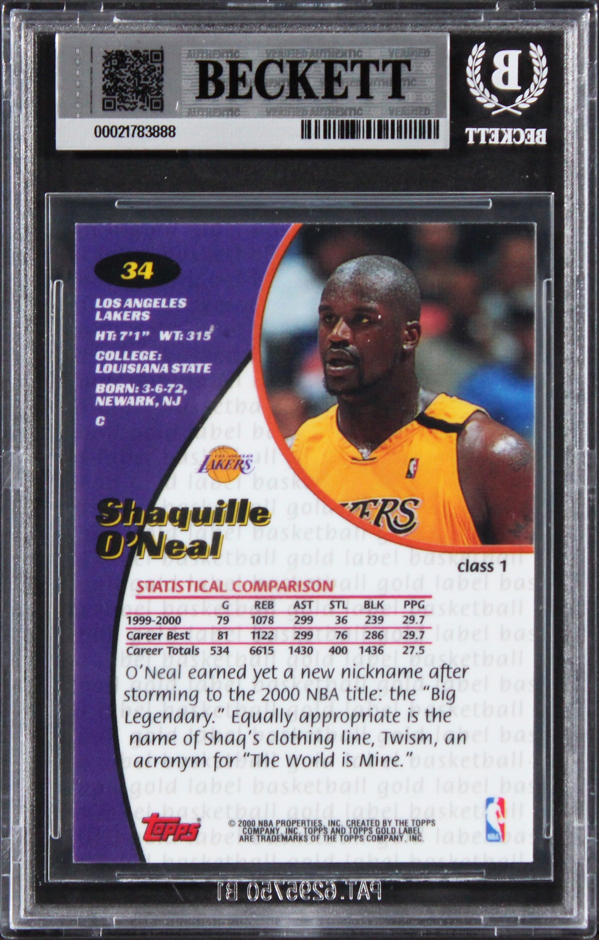 Lakers Shaquille O'Neal Signed 2000 Topps Gold Label #34 Card Auto 10! BAS Slab