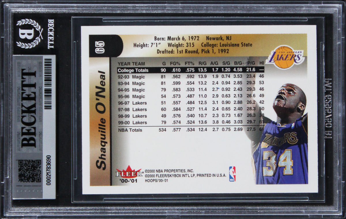 Lakers Shaquille O'Neal Signed 2000 Hoops #65 Card Auto Grade GM 10! BAS Slabbed