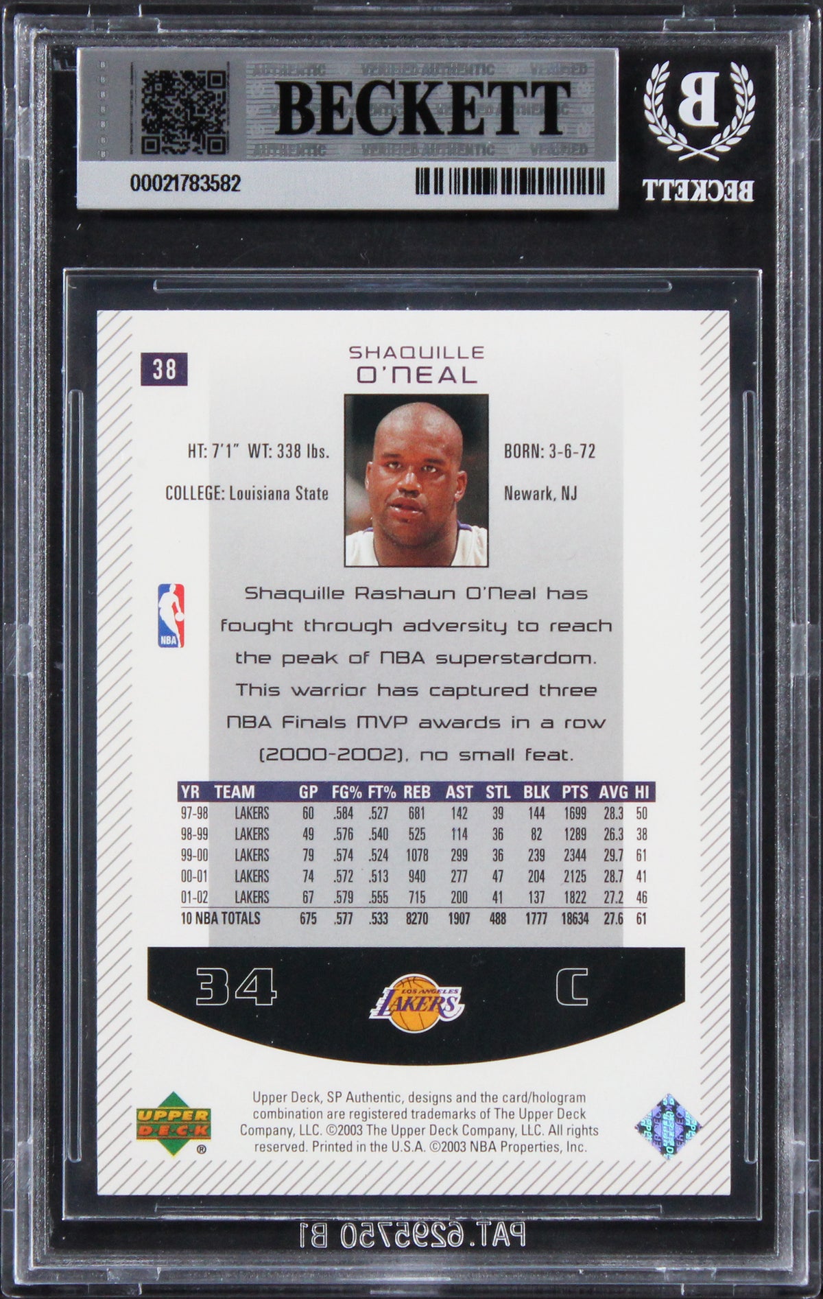 Lakers Shaquille O'Neal Signed 2002 SP Authentic #38 Card Auto 10! BAS Slabbed