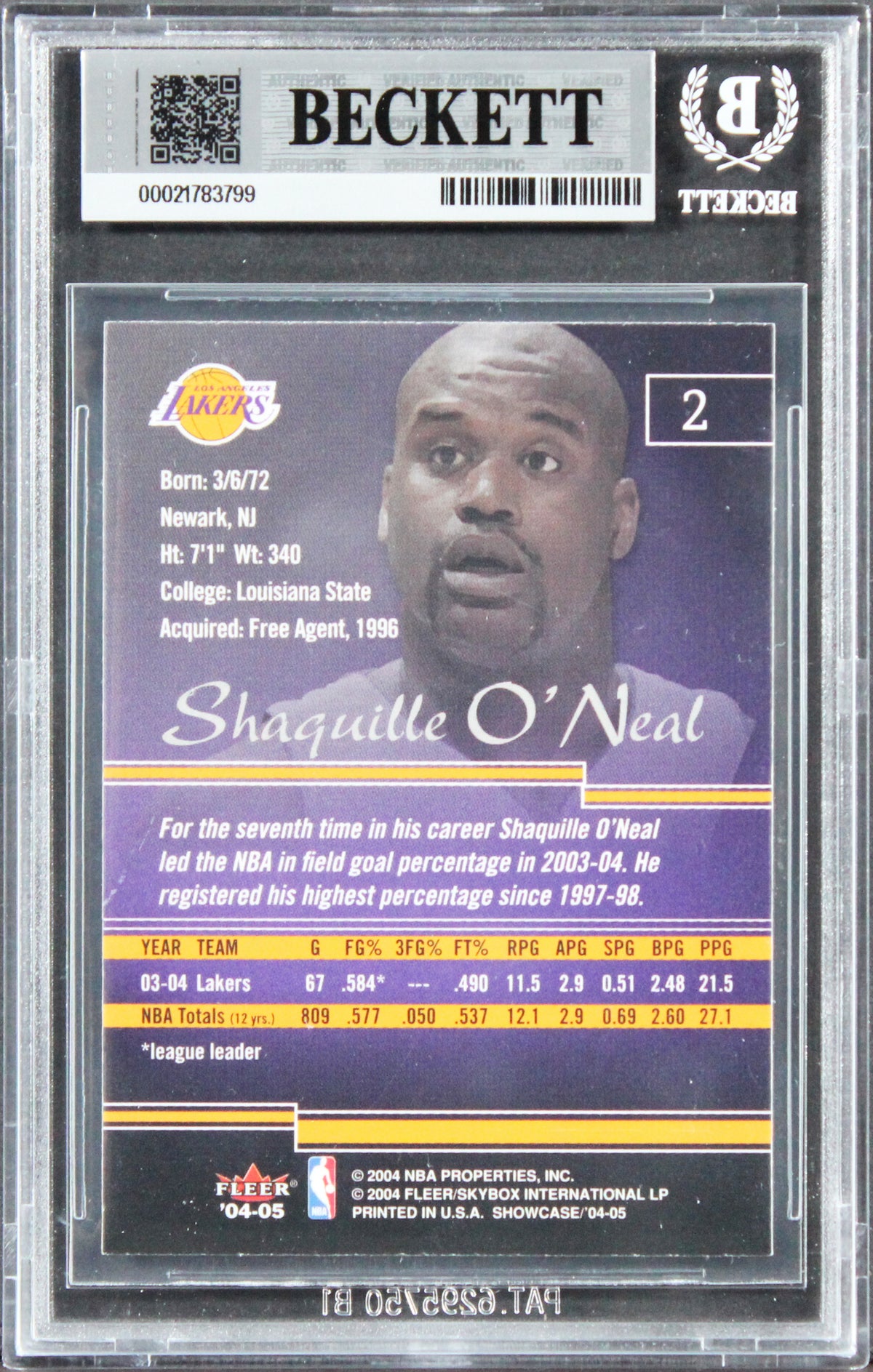 Lakers Shaquille O'Neal Signed 2004 Fleer Showcase #2 Card Auto 10! BAS Slabbed