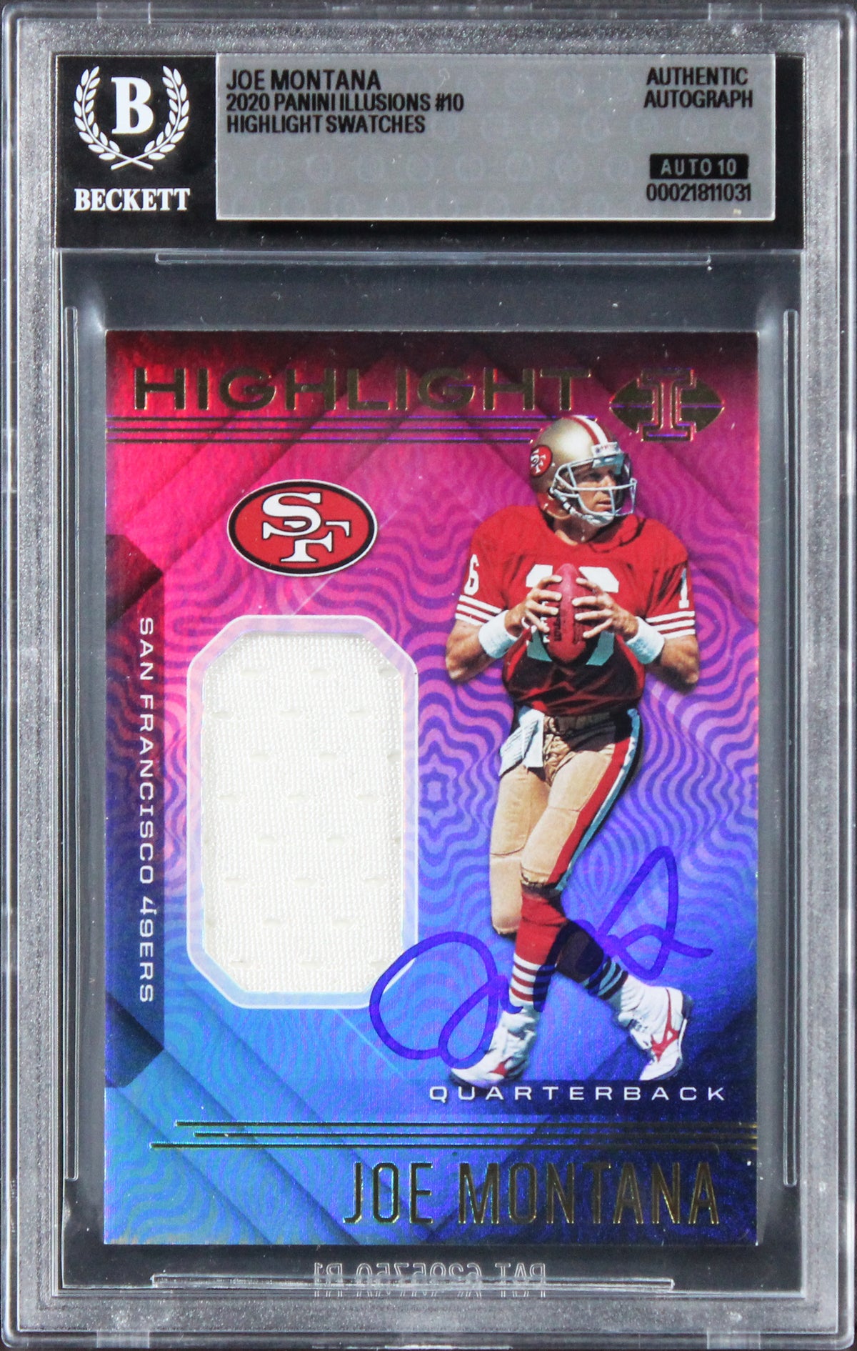 49ers Joe Montana Signed 2020 Panini Illusions #10 Card Auto 10! BAS Slabbed 5