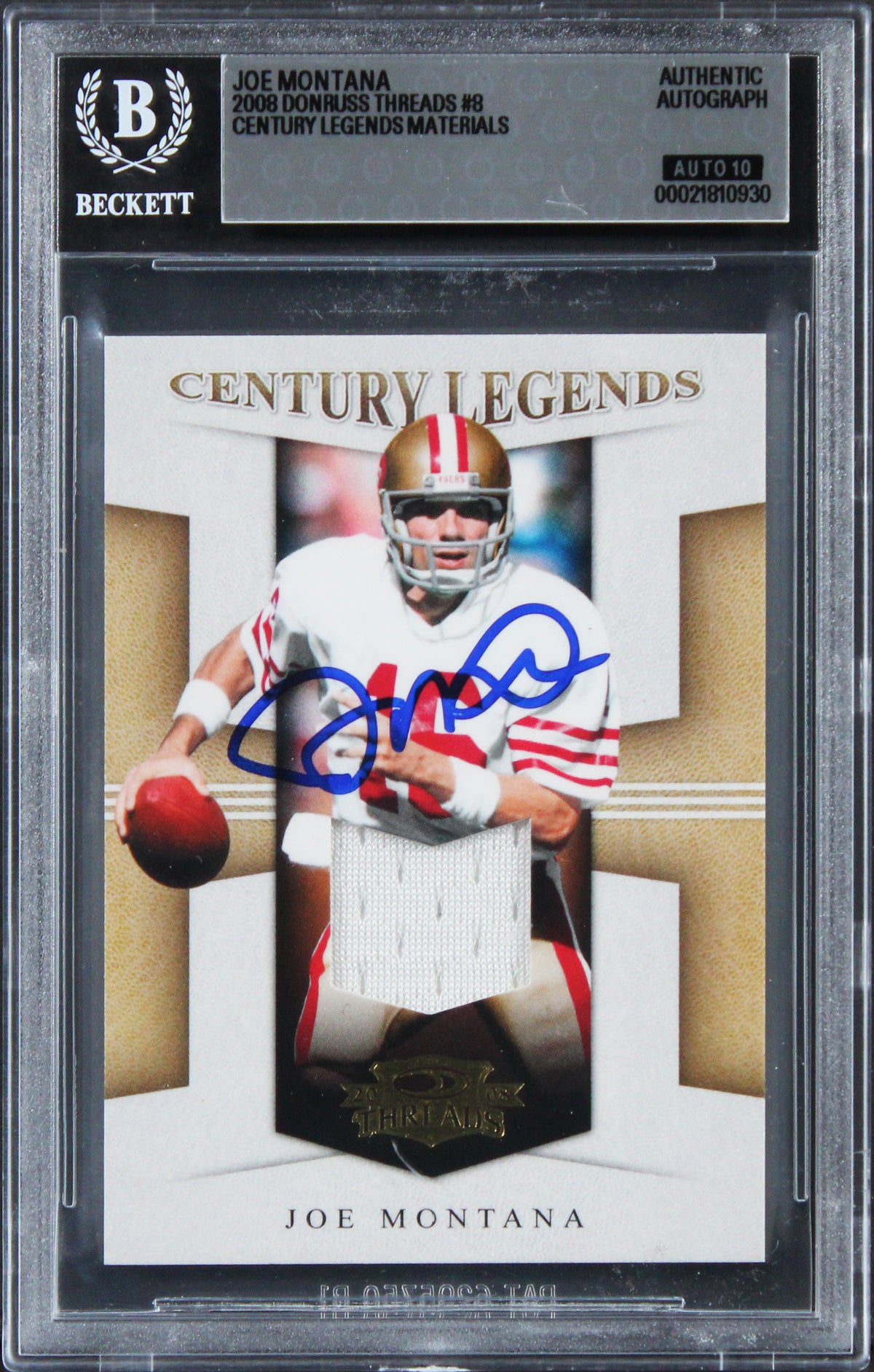 49ers Joe Montana Signed 2008 Donruss Threads #8 57/250 Card Auto 10! BAS Slab